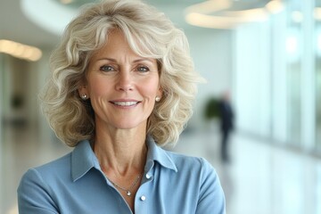 Professional woman smiling confidently inside a modern office environment with natural light and sleek design