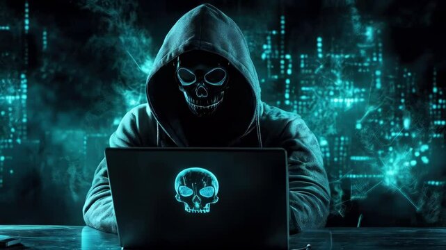 Mysterious figure hacker in hooded sweatshirt with glowing cyber skull mask sits behind laptop in dark, digital environment. Concept cybersecurity threats, hacking, and online anonymity in cyber world