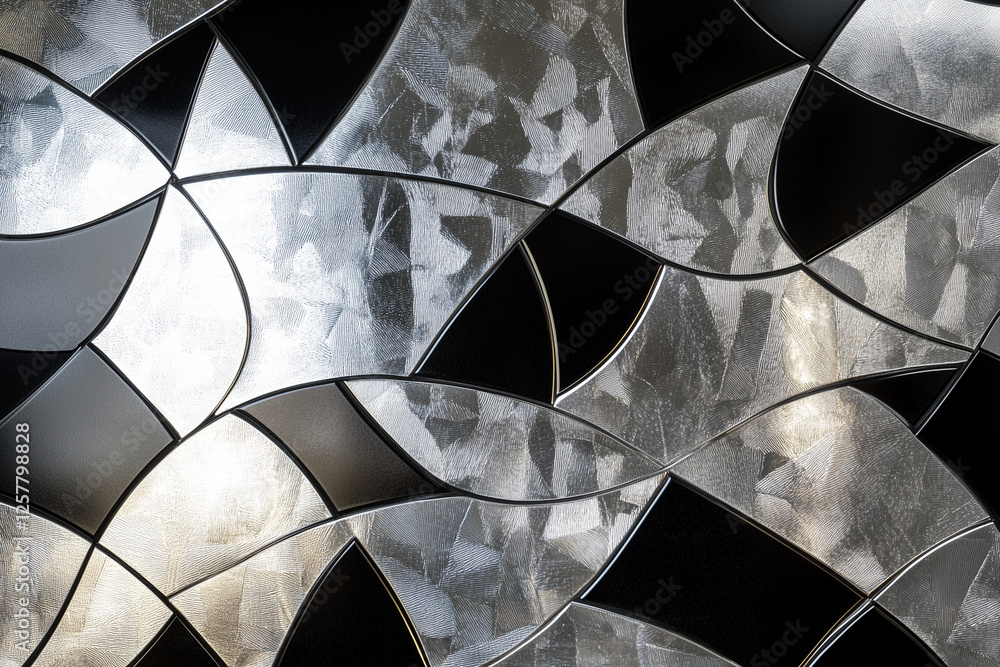 Poster black and silver stained glass window with a pattern of triangles and squares. the window is framed 