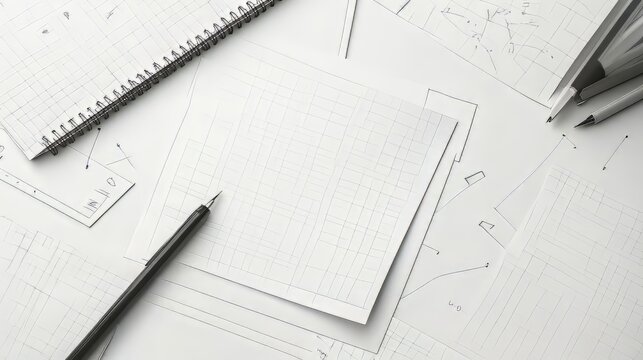 Drafting workspace with grid paper and pencils