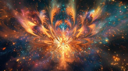 Abstract fractal art; vibrant, fiery flower-like form in cosmic space.