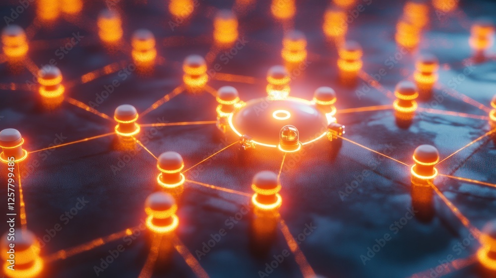 Poster interconnected glowing nodes representing complex network communication