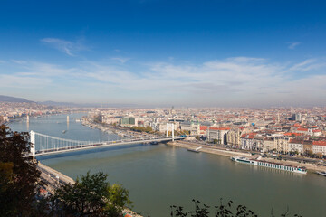 River Danube from Gellert Hill above tree branches in Budapest