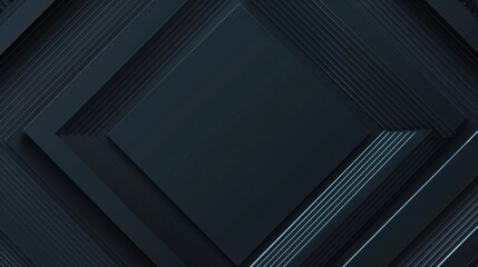 Obraz premium Minimalist Blue squares and lines on a dark background. Geometric pattern for banner template with white space in the center for text. Simple modern wallpaper with copy space.