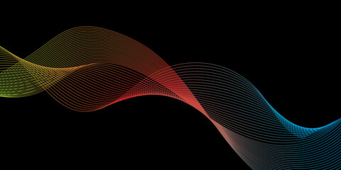 Abstract background with waves for banner. Web banner size. Vector background with lines. Element for design isolated on black. Colorful gradient.