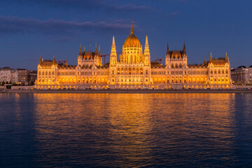 Hungarian Parliament Building from west bank of Danube at evening