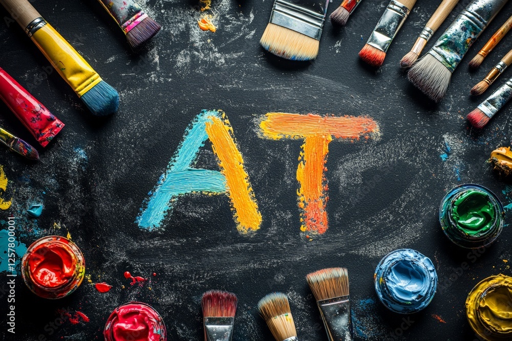 Poster Creative workspace with paint brushes and vibrant colors arranged around artistic letters on dark background