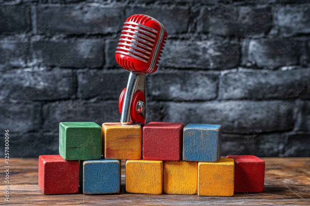 Poster colorful wooden blocks arranged with a retro microphone in a creative setting on a wooden table