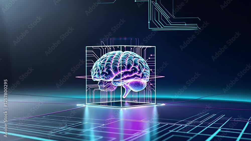 Aufkleber futuristic digital brain hologram inside a transparent cube with neon circuits and glowing neural co