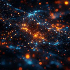 Obraz premium Visual representation of generative AI technology with vibrant blue and orange colors showcasing complex networks. Generative AI