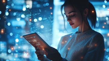 Attractive businesswoman using tablet with creative glowing digital business interface on blurry blue background. Finance, innovation, trade and growth concept