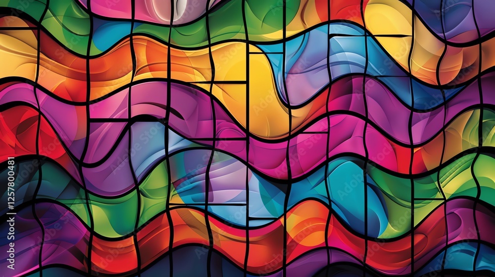Poster abstract background with a stained glass window-like design with colorful, wavy patterns.