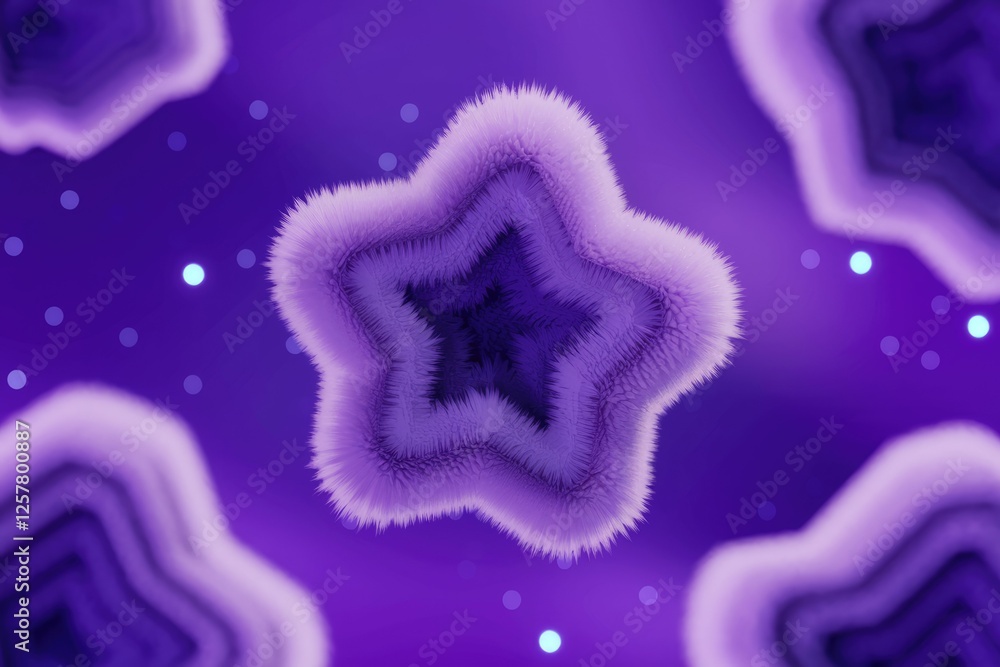 Poster fluffy purple star shapes float in a vibrant purple cosmic background with bokeh lights.
