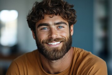 Young man with curly hair and beard smiling in a cozy indoor setting with natural light