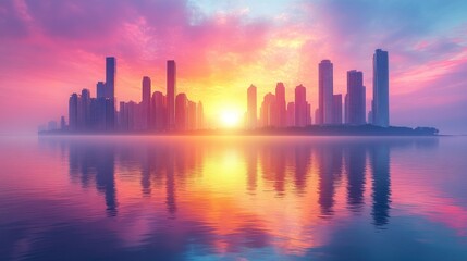 Majestic city skyline at sunset reflecting on calm waters with vibrant colors and misty atmosphere