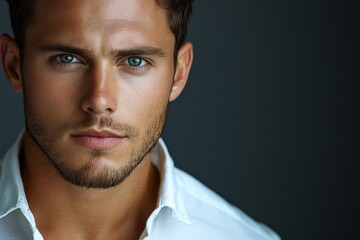 Fototapeta premium Young man with striking blue eyes and a confident expression in a close-up portrait against a dark background