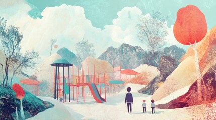 Obraz premium Father and sons walking towards a whimsical playground in a surreal landscape.