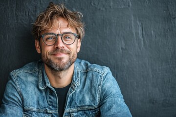 Obraz premium Smiling man with glasses wearing a denim jacket poses against a dark background in a relaxed setting