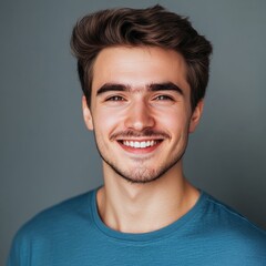 Obraz premium Young man in a blue shirt smiling against a grey background with natural lighting in a relaxed setting