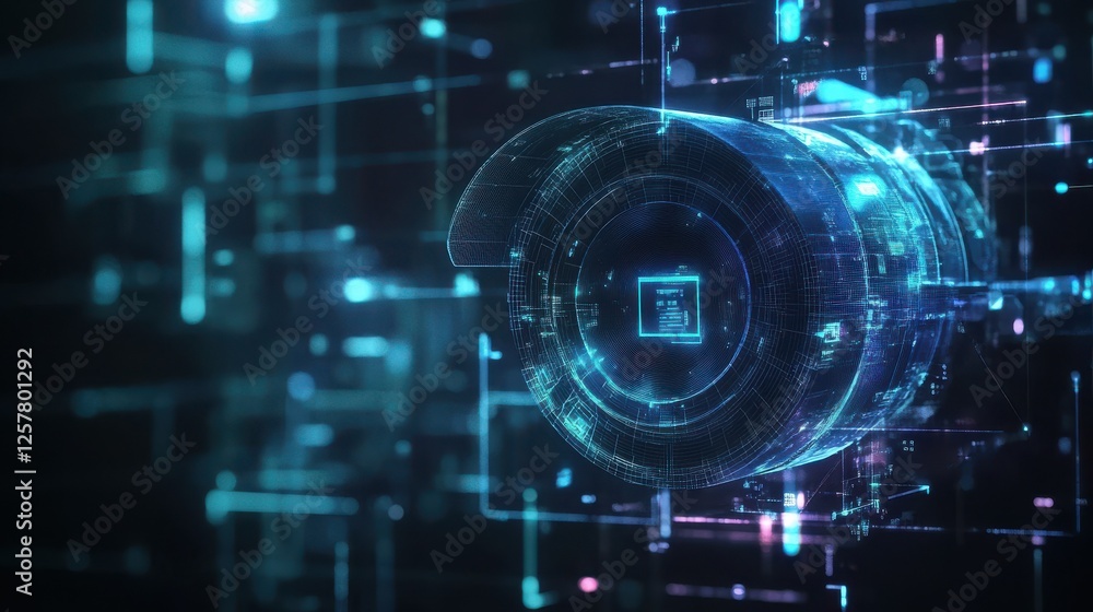 Poster polygonal security cctv camera hologram on dark background. technology and security concept. 3d rend