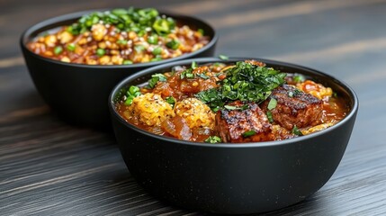 Delicious vegetarian stew and rice bowls on dark wood