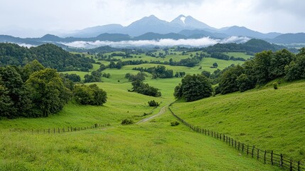 Rolling hills, mountain vista, overcast sky, rural road