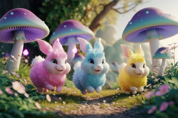 Three fluffy bunnies hop playfully through a whimsical forest filled with glowing mushrooms.