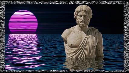 Ancient greek statue is partially submerged in water, with a vibrant purple sunset in the background and a digital glitch effect bordering the image, creating a surreal and evocative scene