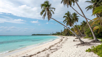 Obraz premium Tropical Paradise: White Sand Beach, Coconut Palms, and Turquoise Waters