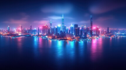 Obraz premium Vibrant city skyline at night with illuminated skyscrapers reflecting on the water, showcasing urban life