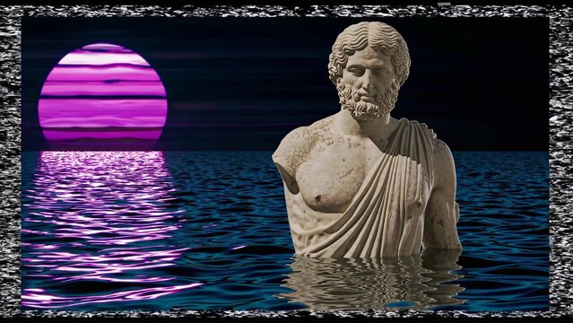 Ancient greek statue is partially submerged in water, with a vibrant purple sunset in the background and a digital glitch effect bordering the image, creating a surreal and evocative scene