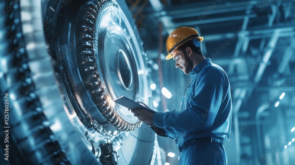 Poster a futuristic technology concept that portrays the maintenance of future aircraft engines being done 