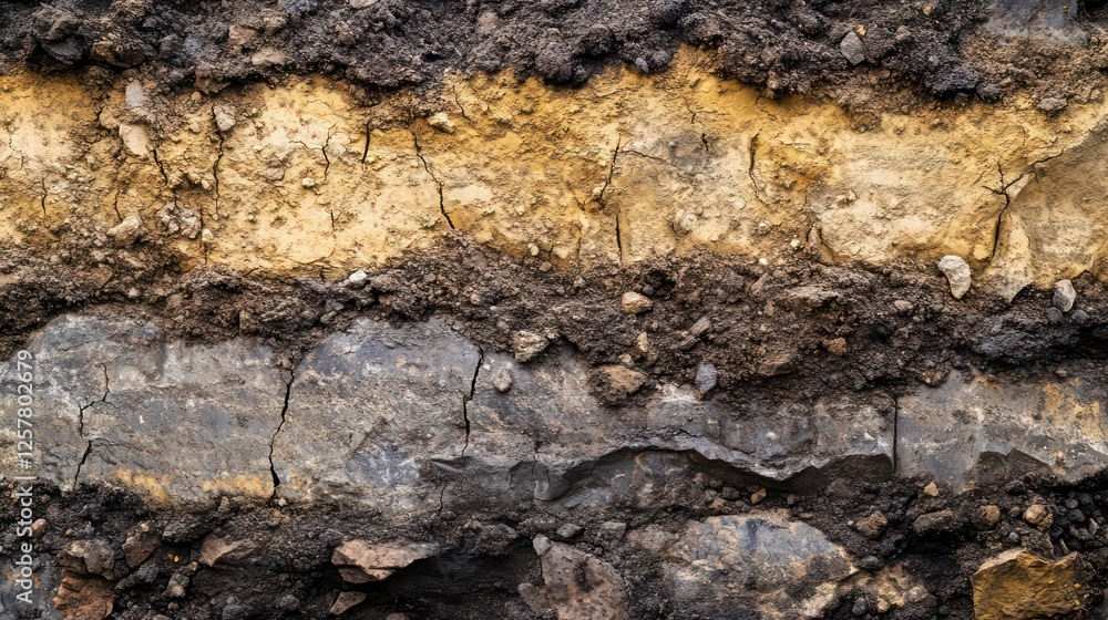 Poster close-up view of layered soil and rock strata, showing distinct colors and textures of earth.