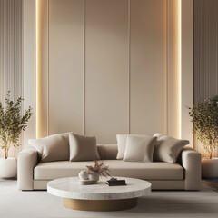 Create an elegant background scene featuring a sleek, modern interior space. The atmosphere is calm and sophisticated, with soft lighting and a neutral color palette that blends beige, cream