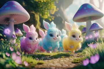 Three fluffy bunnies hop joyfully through a whimsical forest path, surrounded by vibrant flowers and enchanting mushrooms.