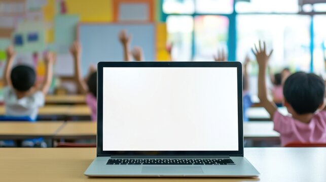 Laptop computer white blank empty mockup screen on teachers table with elementary junior children students raising hands in classroom background. Education software website technology ads concept. - Powered by Adobe