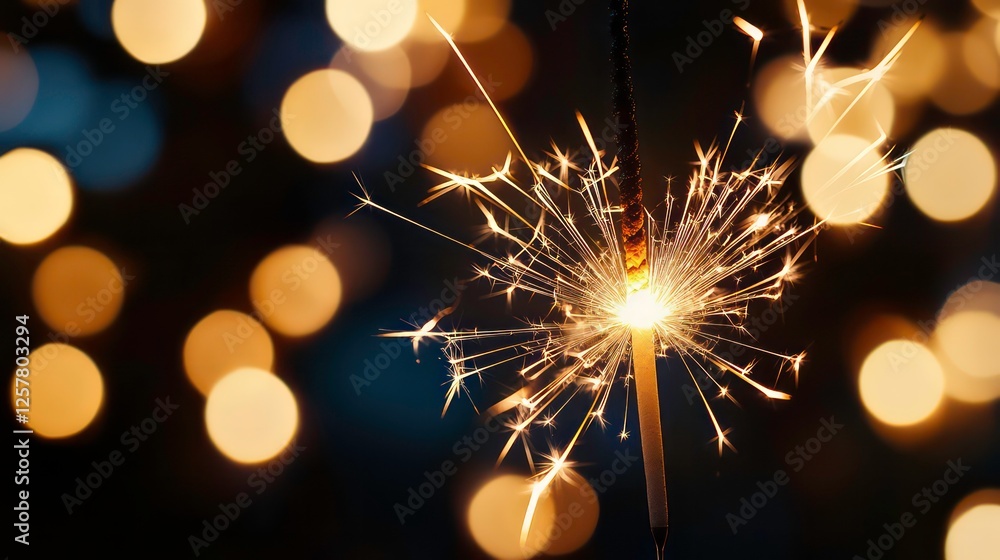 Poster close-up of a burning sparkler with bokeh lights in the background.