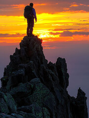 Silhouetted hiker stands triumphantly atop a rugged peak, gazing at a breathtaking sunset.