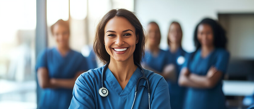 portrait of a happy nurse standing in front of diverse group of coworkers; clinic or hospital interior background; concept of nurse day 2025; copy space - Powered by Adobe