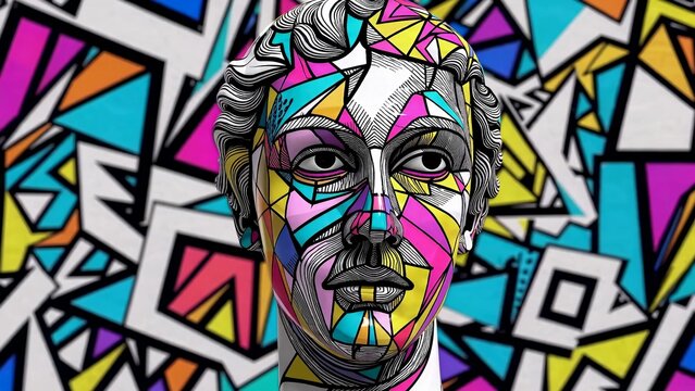 Classical bust sculpture is being transformed by a vibrant, geometric pattern, blending ancient art with contemporary design in a seamless fusion