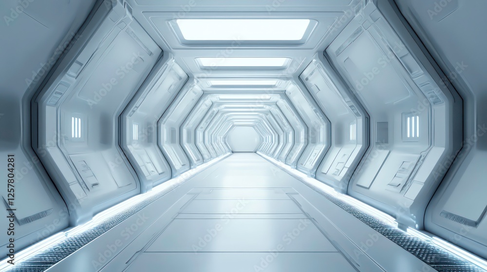 Poster three dimensional render of futuristic corridor inside spaceship or space station