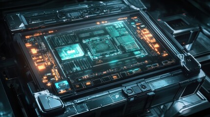 Complex futuristic technology interface with glowing digital elements