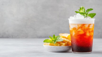 Fototapeta premium Iced tea with cream and mint, pastries, gray background
