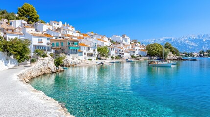 Obraz premium Coastal village, clear water, mountain backdrop, summer vacation