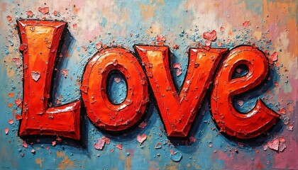 the inscription Love made with paints multicolored and bright on an abstract background, illustration for Valentine's Day