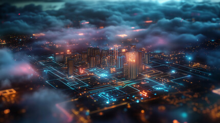 Fototapeta premium A futuristic digital city floating in the clouds, symbolizing cloud computing, AI-driven technology, and innovation. A perfect concept for tech, networking, and digital transformation.