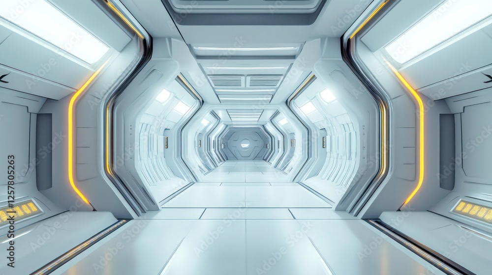 Poster three dimensional render of futuristic corridor inside spaceship or space station