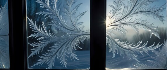 A beautiful closeup of intricate ice patterns shaped by winter winds on a frosty window inviting reflection and appreciation for seasonal changes in nature