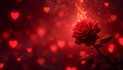 a red rose flower burning with fire on a dark background with flames and hearts, an abstract dark backdrop for the Valentine's Day celebration
