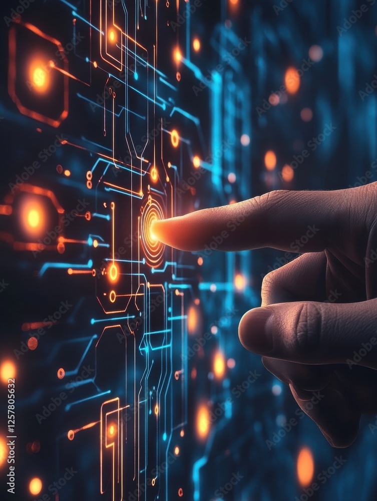 Poster close up of man hand pointing at abstract glowing digital business circuit network and tick mark int